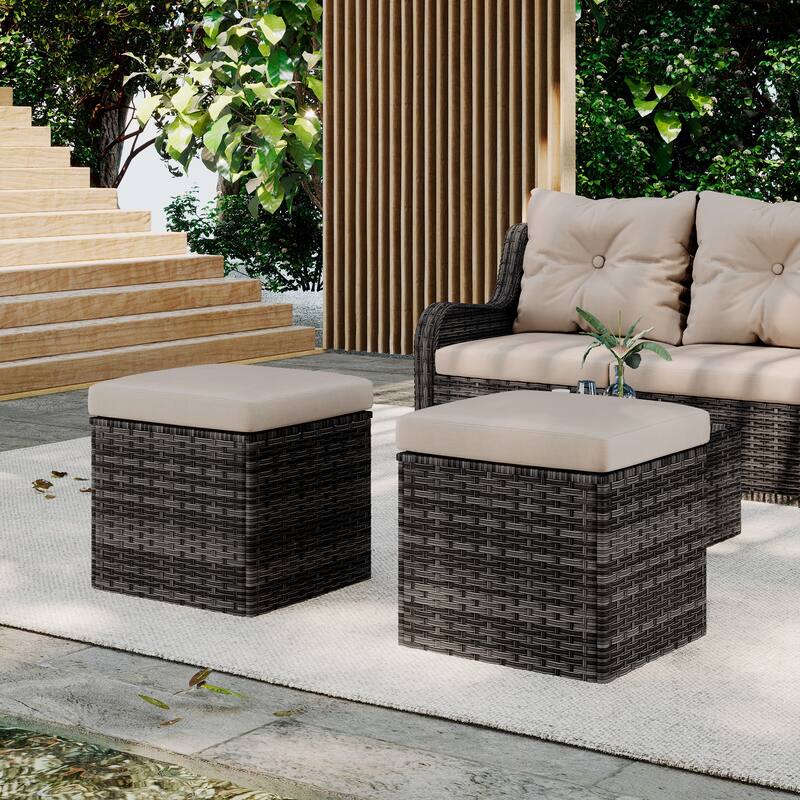Outdoor Patio PE Wicker Ottoman with Cushion Set of 2 - Khaki/Grey rattan