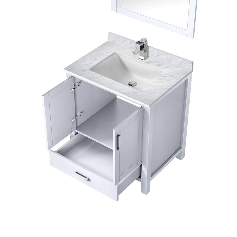 Jacques 30 in White Bath Vanity, Carrara Marble Top, Faucet, & Mirror