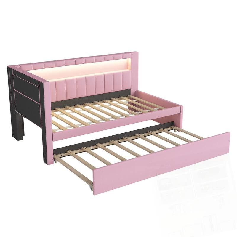Upholstered Platform Bed with USB Ports and LED Belt With Trundle