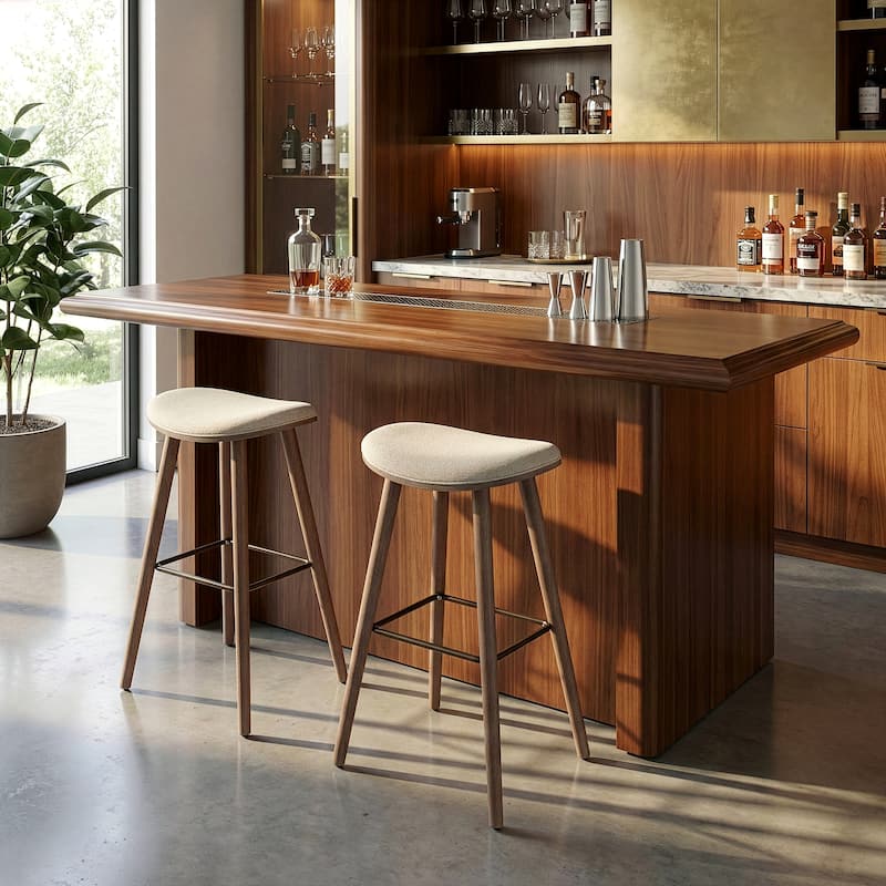 Set of 2 Beatriz Beige Woven Fabric Bar Stool with Wood Legs