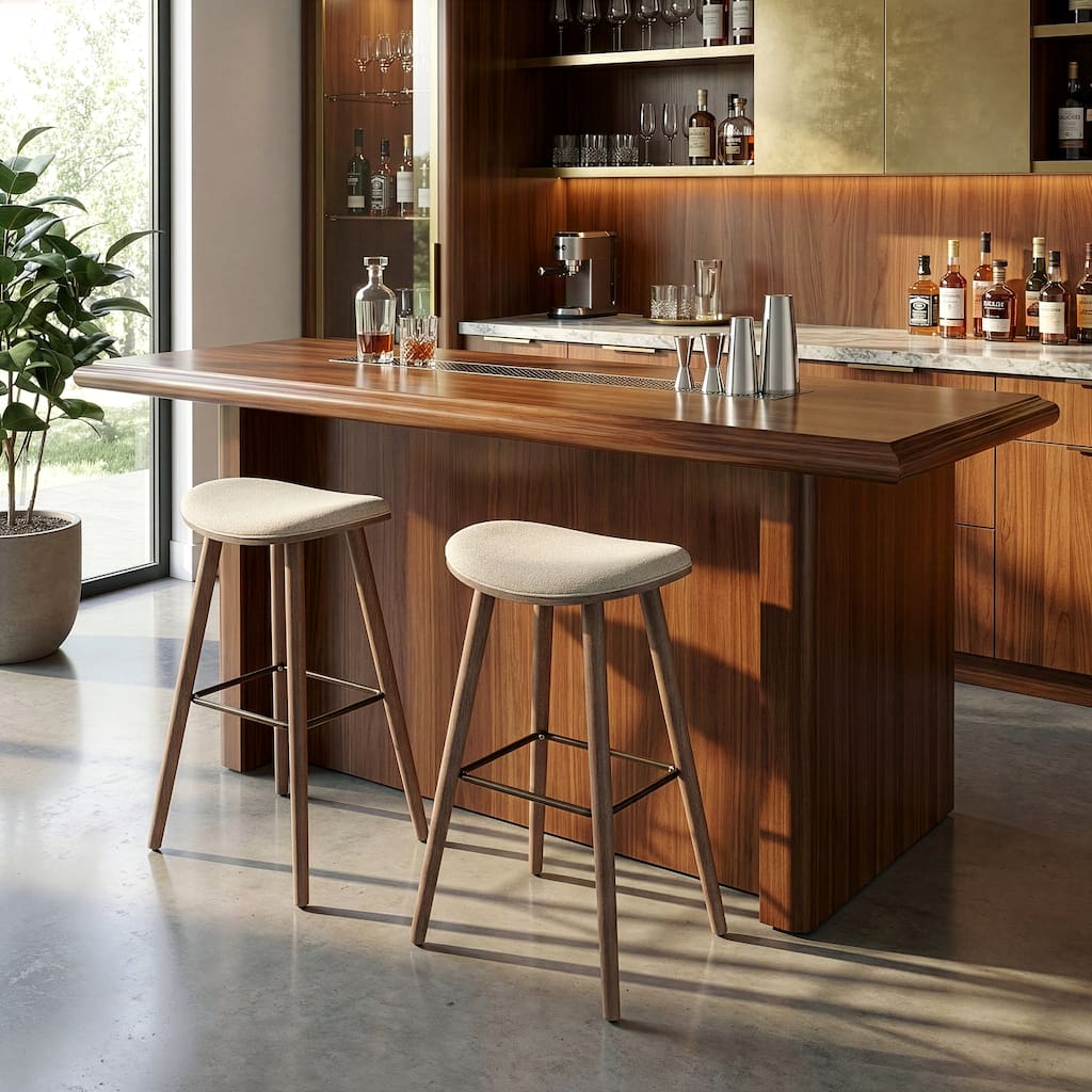 Set of 2 Beatriz Beige Woven Fabric Bar Stool with Wood Legs