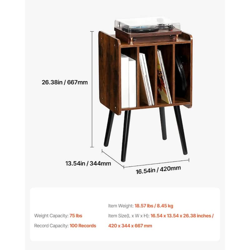 2-Tier Wood Record Player Stand Holds 100 Vinyl Albums Brown Finish - 16.54 x 13.54 x 26.38 inches