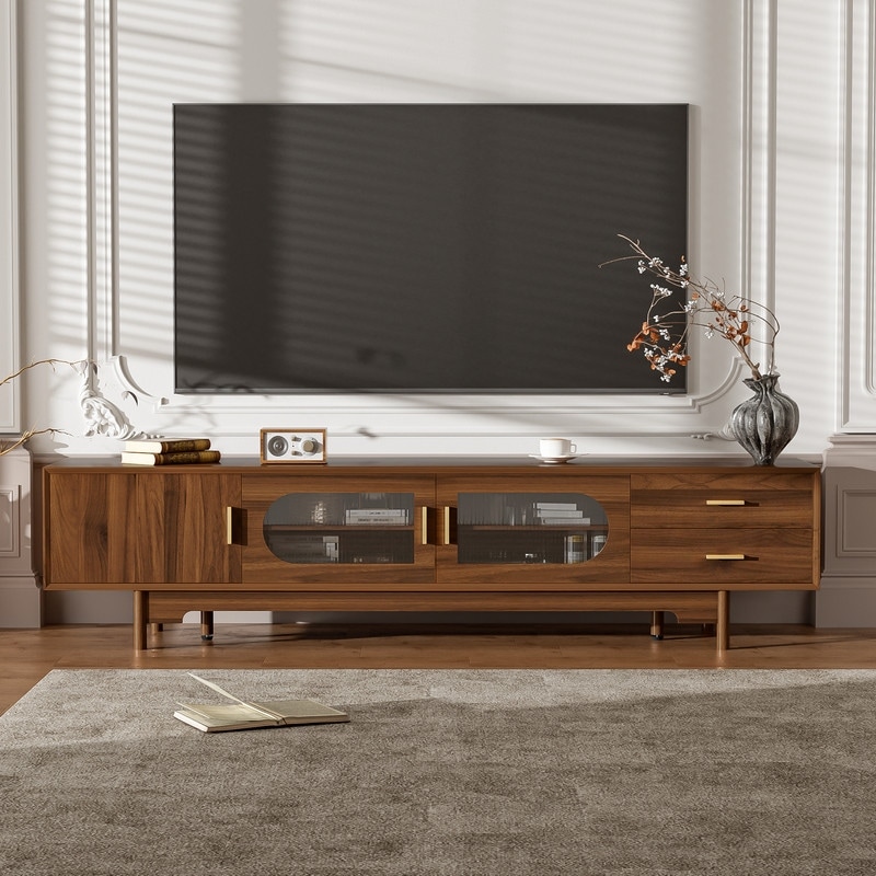 Modern 78" TV Stand for TVs Up to 85", Modern Entertainment Center with Glass Doors and Drawers