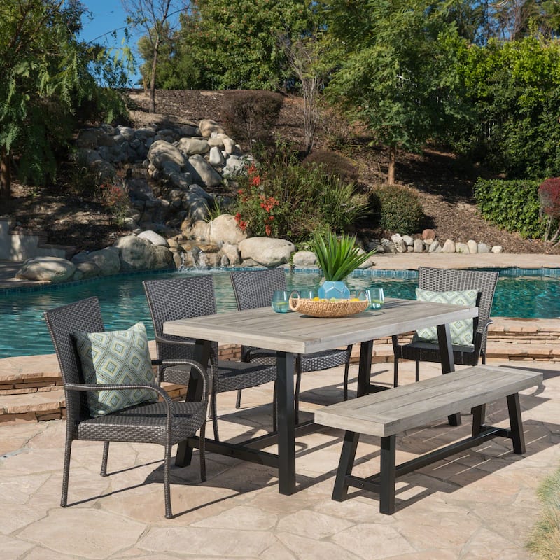 Christopher Knight Home Cooper Outdoor 6-Piece Rectangular Acacia Wood and Wicker Dining Set - Sandblast Light Grey + Black Rustic Metal + Grey