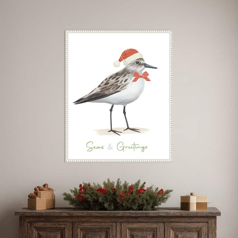 Christmas Sandpiper I by Lucca Sheppard Framed Canvas Wall Art Print - Sylvie Beaded White