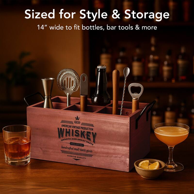 American Art Decor The Bourbon Bar Wood Crate Bottle Holder with Metal Handles - 7" H x 14" L x 8" D