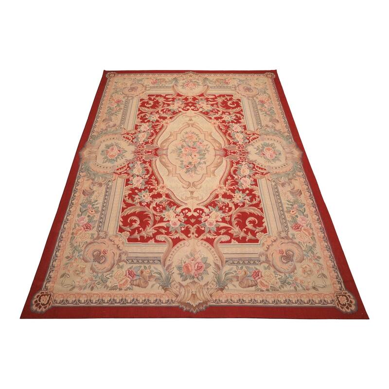 8'10''x12'4'' Hand Woven Flatweave Wool Red Medallion French Aubusson Rug - 8' 10'' x 12' 4''