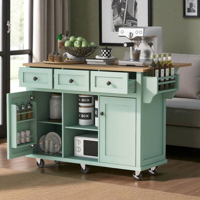 53" Kitchen Island Cart with Rubber Wood Drop Leaf, Rolling Storage Cabinet with Drawers, Spice & Towel Rack - Mint Green