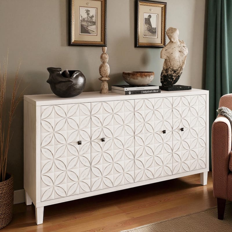 Farmhouse 60" 4-Door Wooden Accent Cabinet with Adjustable Shelves, White Wash Buffet Sideboard for Entryway