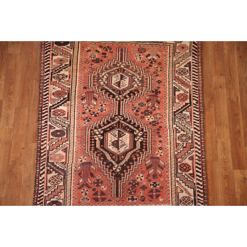 Tribal Shiraz Persian Antique Area Rug Hand-Knotted Coral Wool Carpet - 3'5"x 4'9"