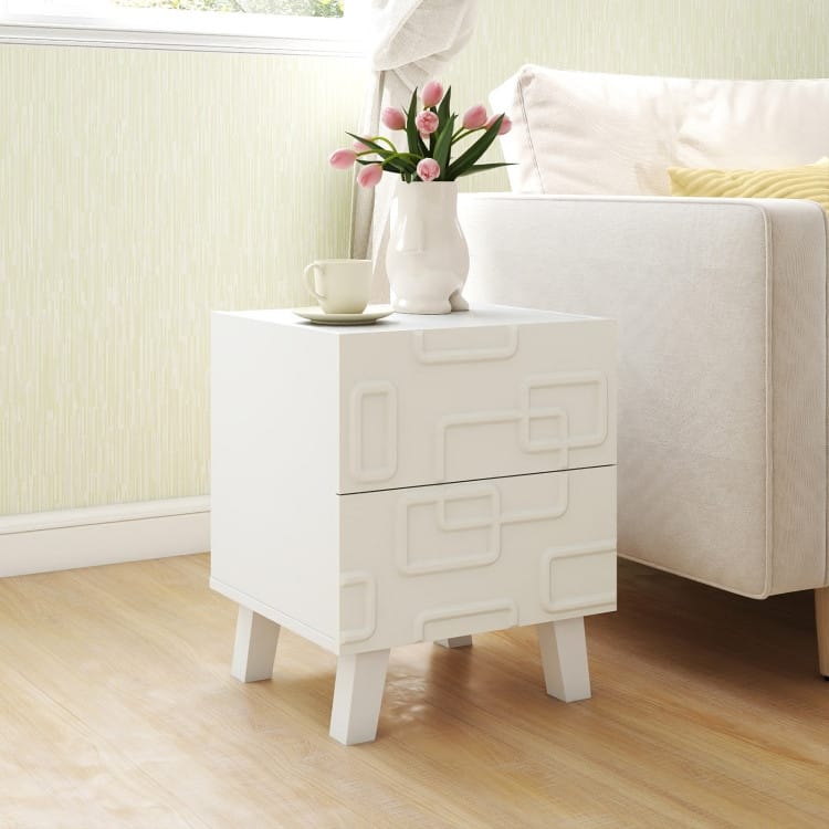 White Nightstand with 3D Geometric Drawer, 2 Drawers and Modern Design