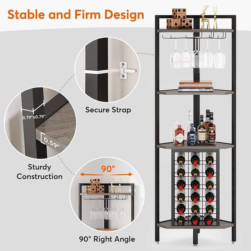 Industrial 4 Tier Corner Wine Rack with Glass Holder Corner Bar