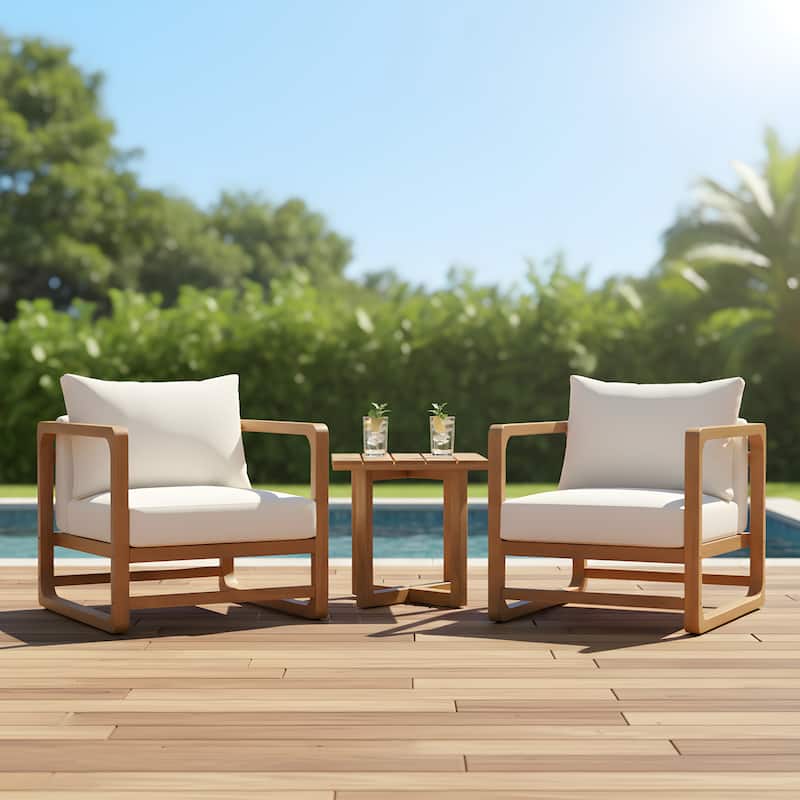 Christopher Knight Home - Modern Outdoor Acacia Wood Club Chair and Square Side Table Set with Water-Resistant Cushions - 3-Piece Set - Teak Finish+Beige Cushion