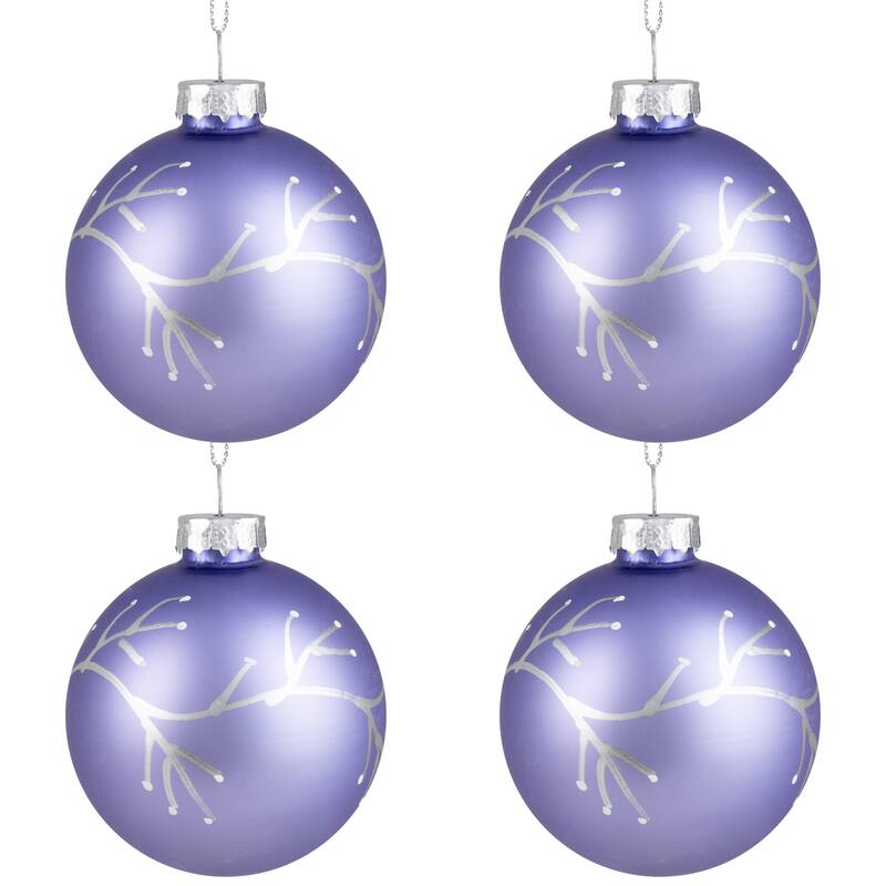 4Ct Matte Purple Glass Ball Christmas Ornaments Branch Design 2.5"