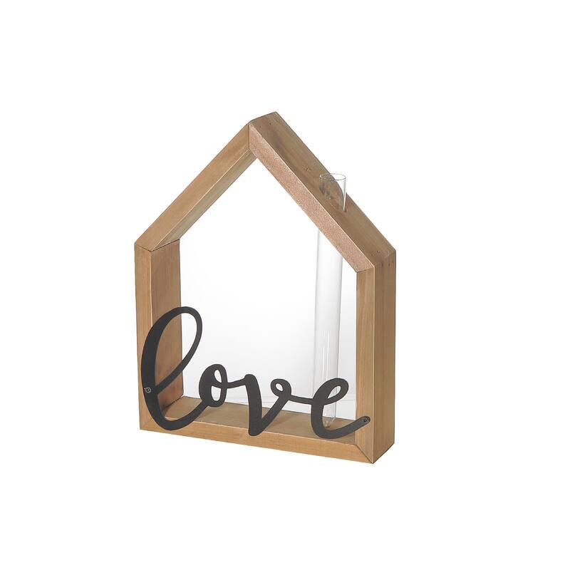 Wood House Shape & Tube Bottle With Metal Love & Home - Set of 2