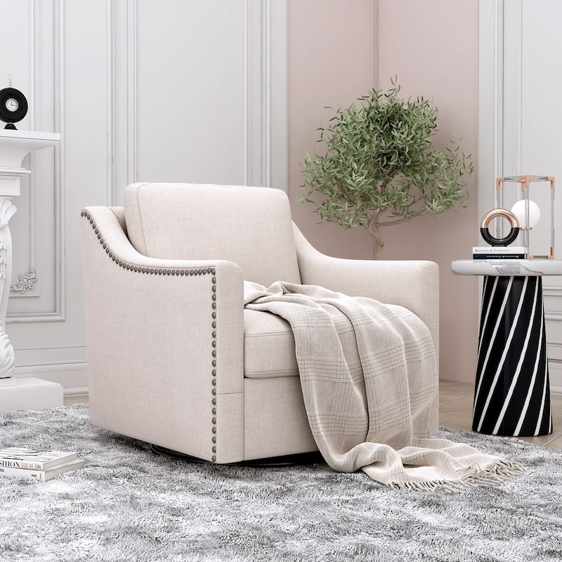 360 Degree Swivel Armchair Cotton Linen Skin-friendly Fabric Ergonomic Design Brass Nail Decorative