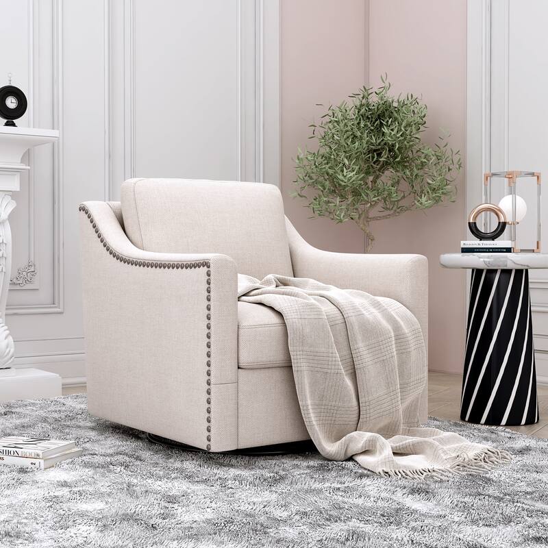 Modern Soft Velvet Upholstered Ergonomics Swivel Armchair: 360 Degree Movement, Brass Nail Decorative - Beige