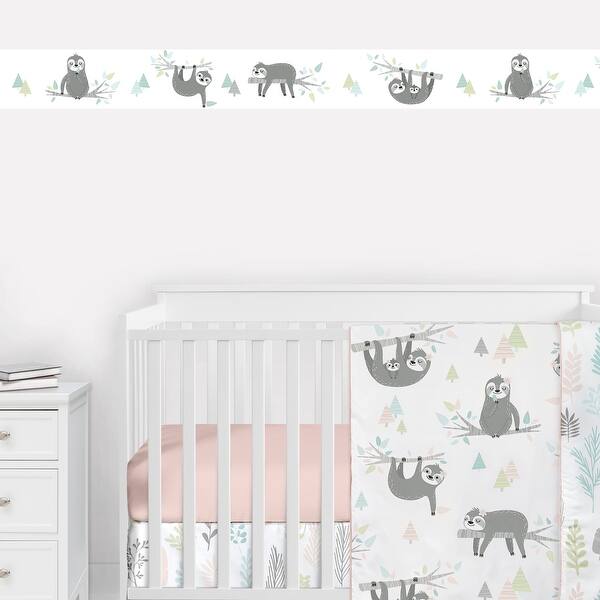slide 2 of 3, Blue Jungle Sloth Wallpaper Wall Border - Aqua Turquoise Grey Green Tropical Botanical Rainforest Trees for the Pink Collection