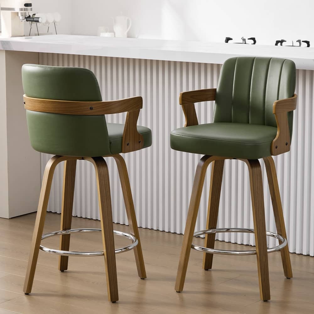 Upholstered Swivel Bar Stool with Arms and Bentwood Legs - 40.8"H x 18.9"W x 19.5"D/19.3"D