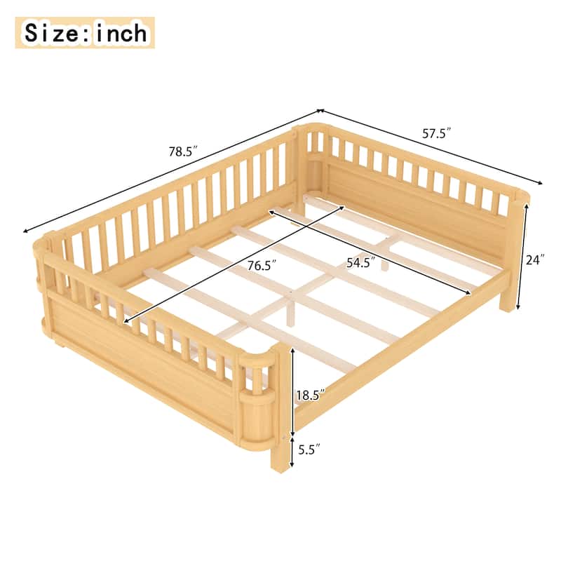 Wood Platform Bed with Guardrails & Detachable Fence, Twin/Full/Twin XL/Queen Size Kids Bed, Safety Design, No Box Spring