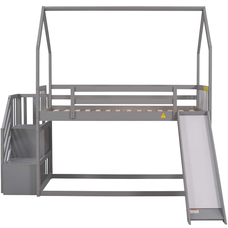 Twin Size Wood House Bunk Bed with Convertible Slide and Storage Staircase, Solid Pinewood Twin over Twin Bunk Bed Frame