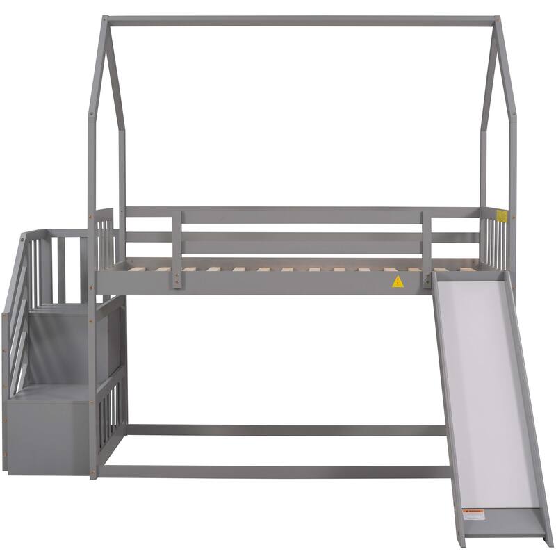 Twin over Twin Pine Bunk Bed with Slide and Storage Staircase