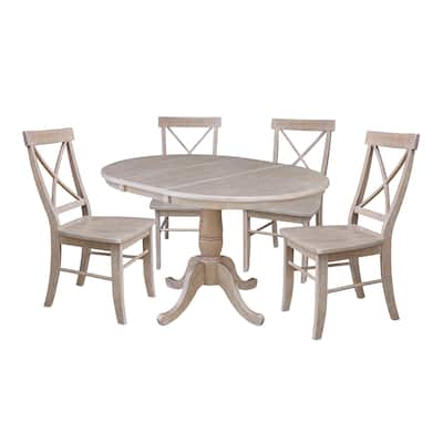 36" Round Extension Dining Table with Four Chairs, Washed Gray Taupe