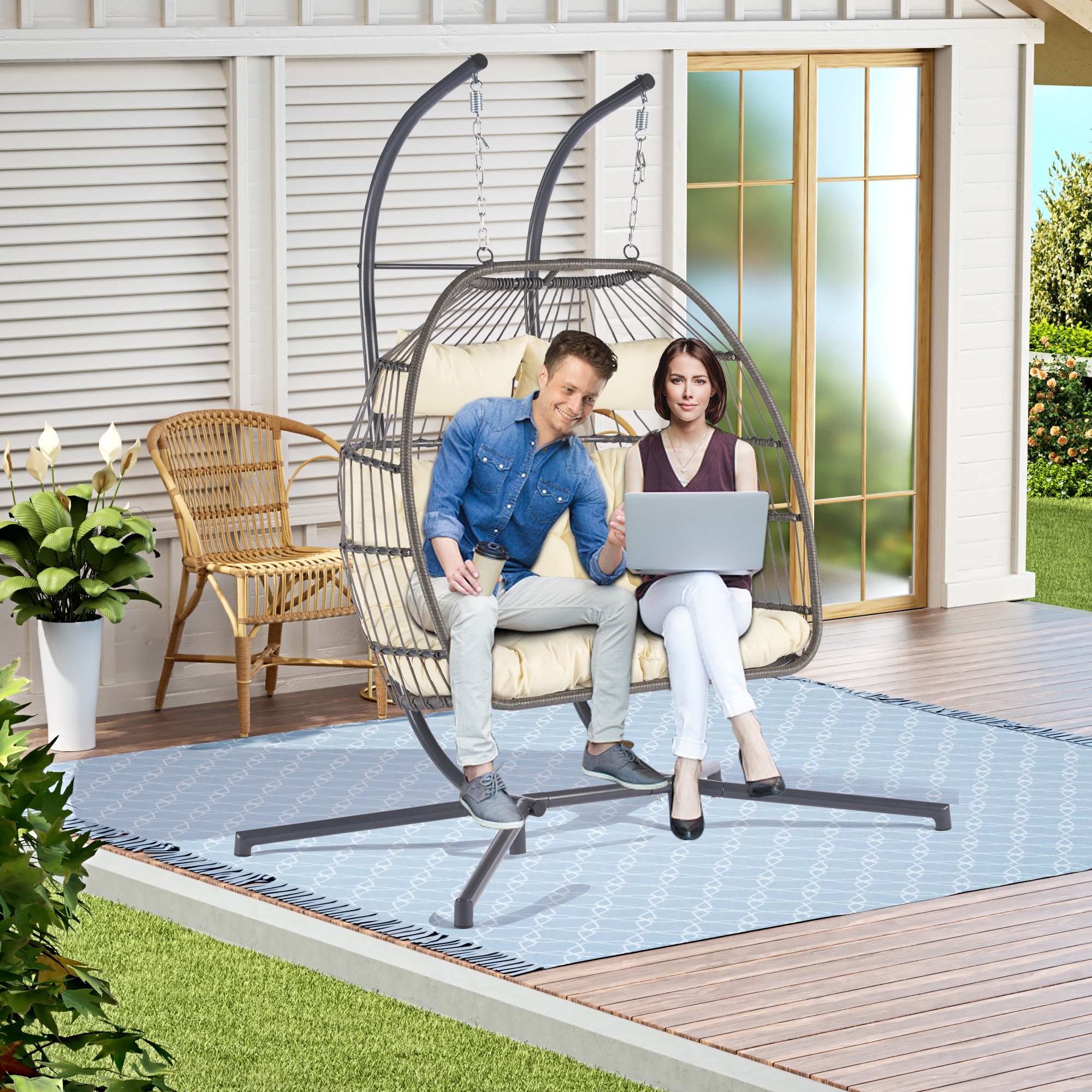 2 Seater Outdoor Rattan Hanging Chair Patio Wicker Egg Chair Red