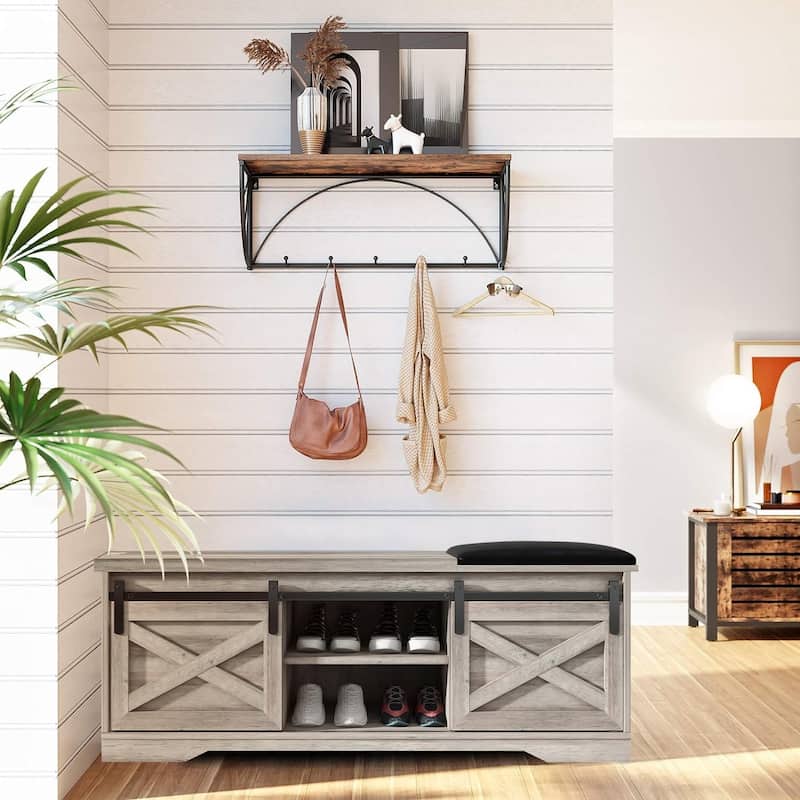 47" Grey Farmhouse Entryway Shoe Bench with Thickened Cushion