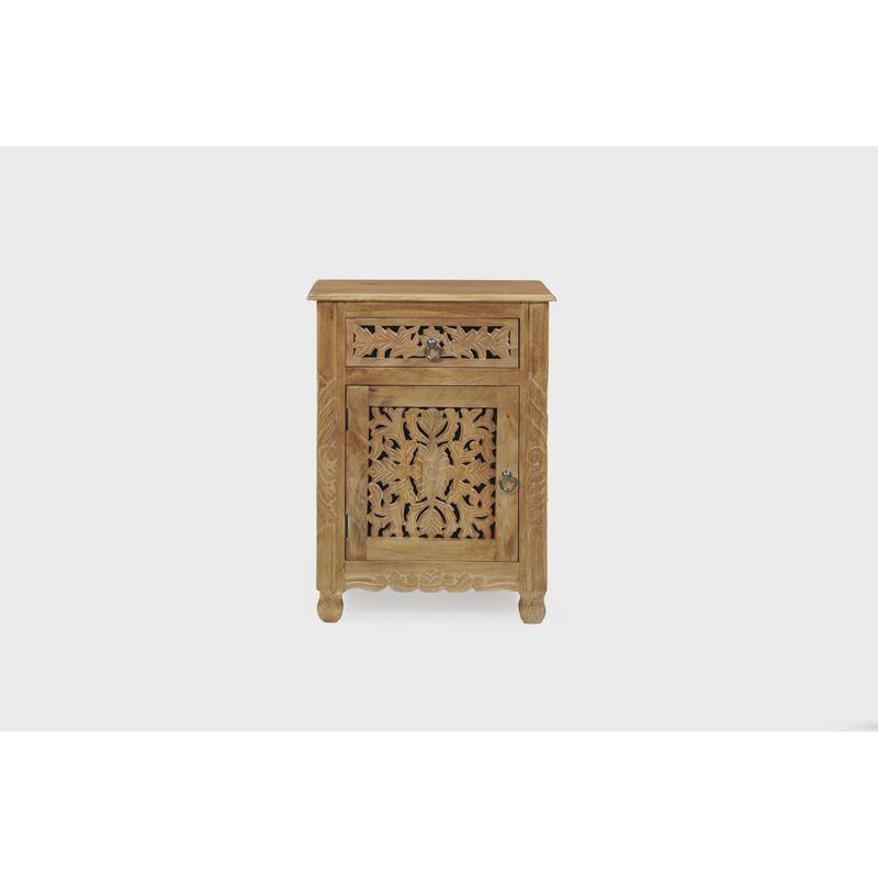 Florence Floral Solid Mango Wood 1-Drawer Nightstand with Cabinet Storage Assembled - Brown-Left