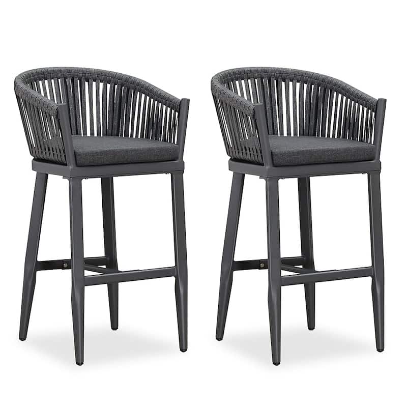 PURPLE LEAF Outdoor Bar Stools Set of 2 Patio Metal Modern Wicker Bar Chairs Woven Aluminum Barstools - Bar Height Grey