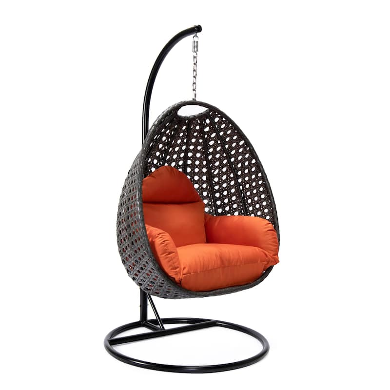 LeisureMod Charcoal Single Seater Rattan Wicker Egg Swing Hanging Chair for Indoor Outdoor Patio Porch Backyard Garden - Orange