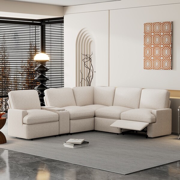 L shape Sectional Corner Sofa Power Recliner Sofa w Pillow Back USB Ports Linen Couch w Storage Table Cup Holders On Sale Bed Bath Beyond 39835821