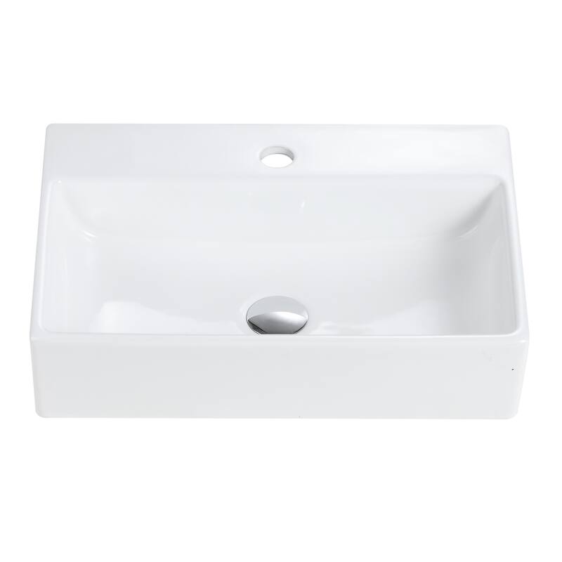 GDFStudio - Modern Sleek Integrated Rectangular Ceramic Basin with Glossy Finish, Faucet Hole & Overflow, Drain Not Included