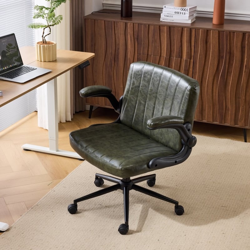 Oil-Waxed Leather Swivel Chair With Flip-Up Armrests