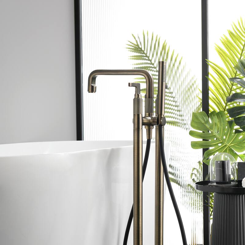 33" H Solid Brass Floor Mounted Freestanding Tub Faucet with Hand Shower and Diverter