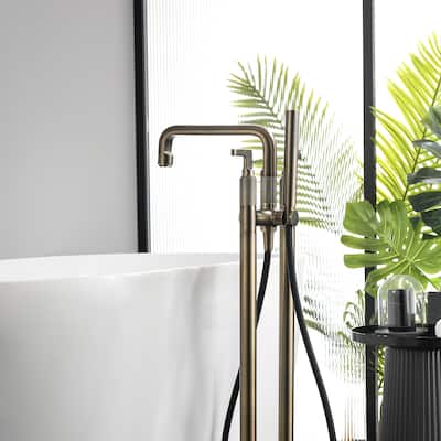 33" H Solid Brass Floor Mounted Freestanding Tub Faucet with Hand Shower and Diverter