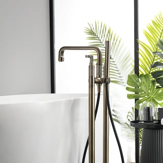 33" H Solid Brass Floor Mounted Freestanding Tub Faucet with Hand Shower and Diverter