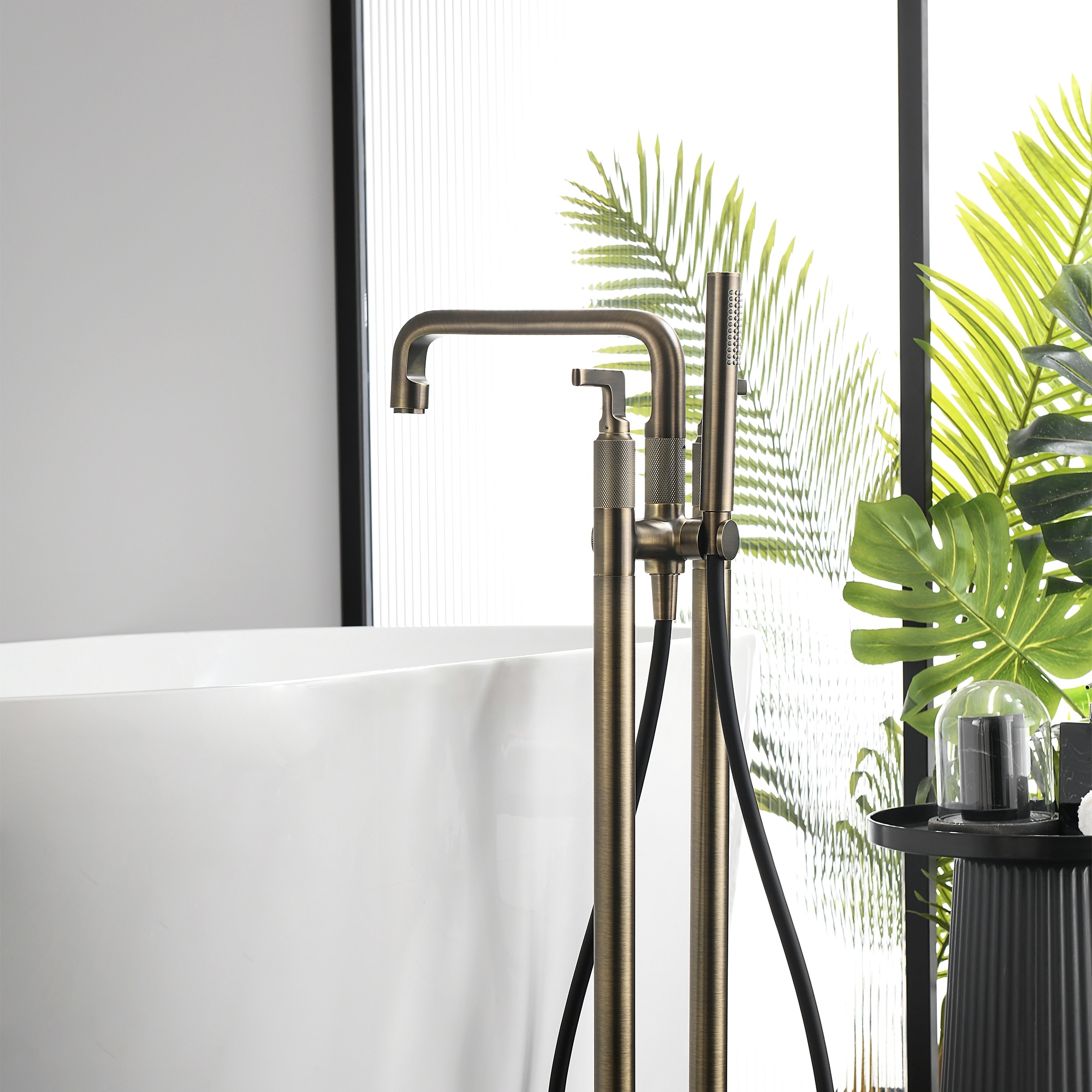 33" H Solid Brass Floor Mounted Freestanding Tub Faucet with Hand Shower and Diverter
