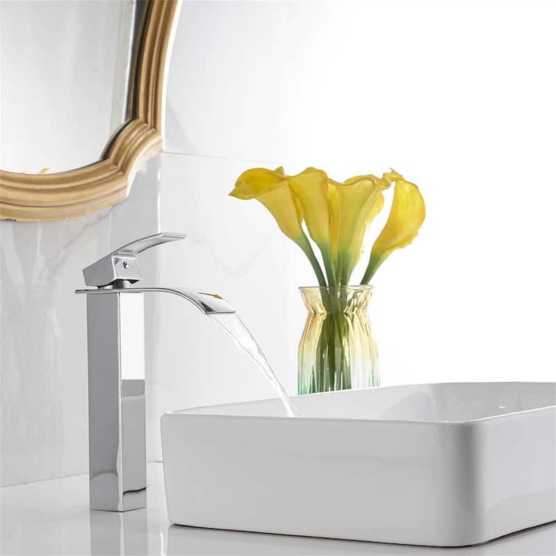 Waterfall Bathroom Vessel Faucet With Drain Assembly Single Handle Bathroom Vessel Sink Faucets 1 Hole Lavatory Vanity Basin Tap