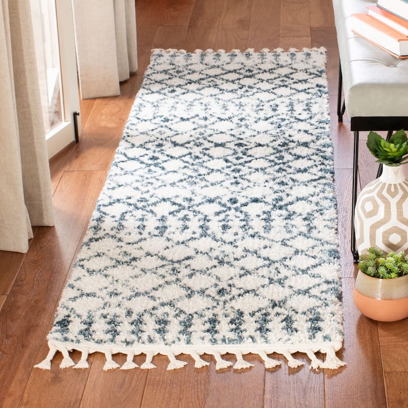 SAFAVIEH Berber Fringe Mirveta Liller Trellis Area Rug - 2'2" x 14' Runner - Cream/Blue