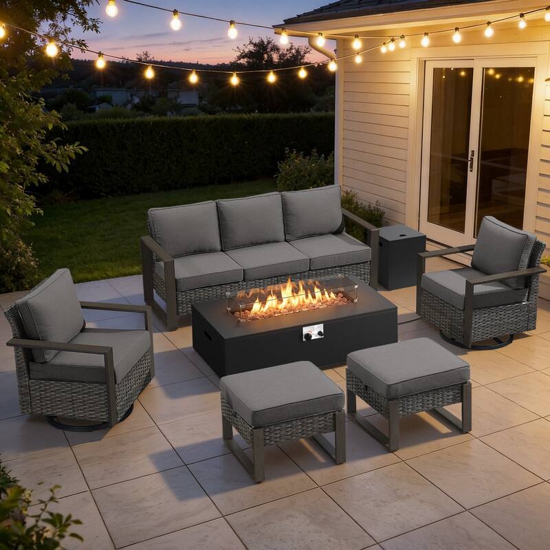 Meyreso Wicker Outdoor Patio Fire Pit Set with Swivel Gliders & 4.5-Inch Olefin Cushions - Gray / Gray Cushions - 6-Piece