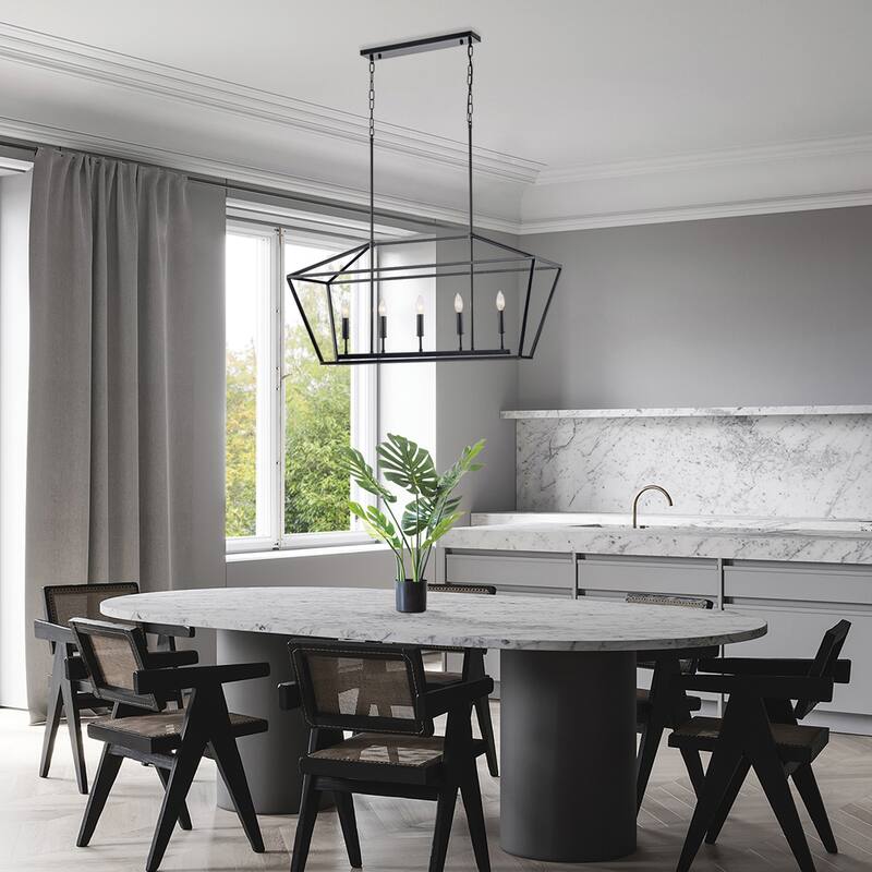 5-Light Matte Black Linear Lantern Cage Farmhouse Chandelier