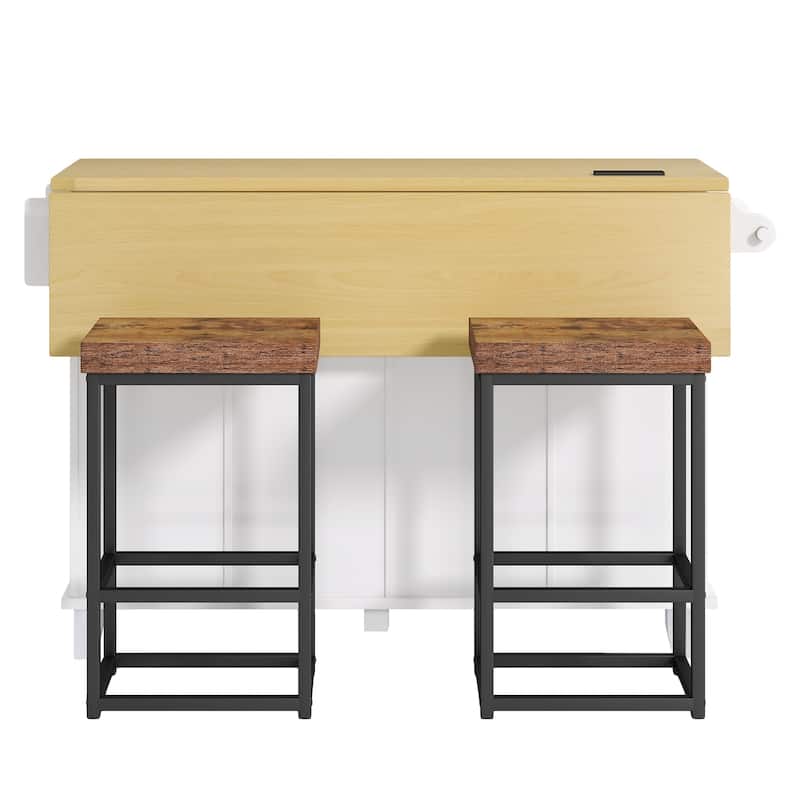 Farmhouse Kitchen Island on Wheels with Drop Leaf, 2 Seating & Power Outlet