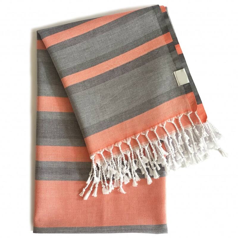 HomeRoots Denim and Yellow Striped Design Turkish Beach Blanket - Orange