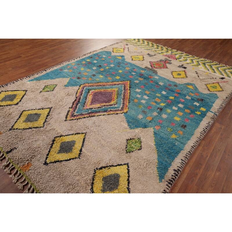 Geometric Plush Moroccan Rug Hand-Knotted Bedroom Wool Carpet - 7'1" x 10'3"