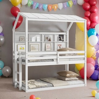 Twin House Loft Bed with Semi-enclosed Roof, Shelves and Ladder, White