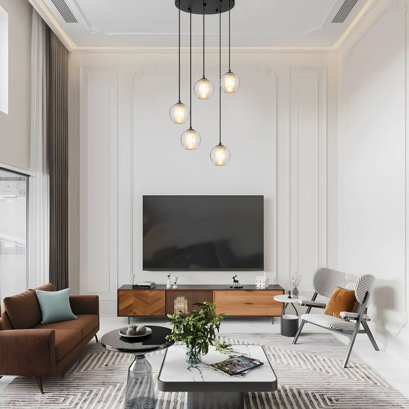 Starsky Modern 5-Light Cluster Globe Glass Chandelier Stair Entryway Cluster Light for High Ceiling - Black