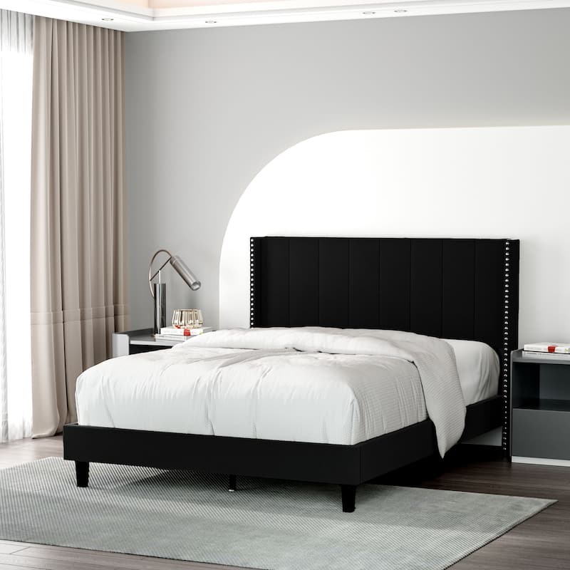 Modern Upholstered Tufted Headboard Platform Bed Frame - Black - Queen