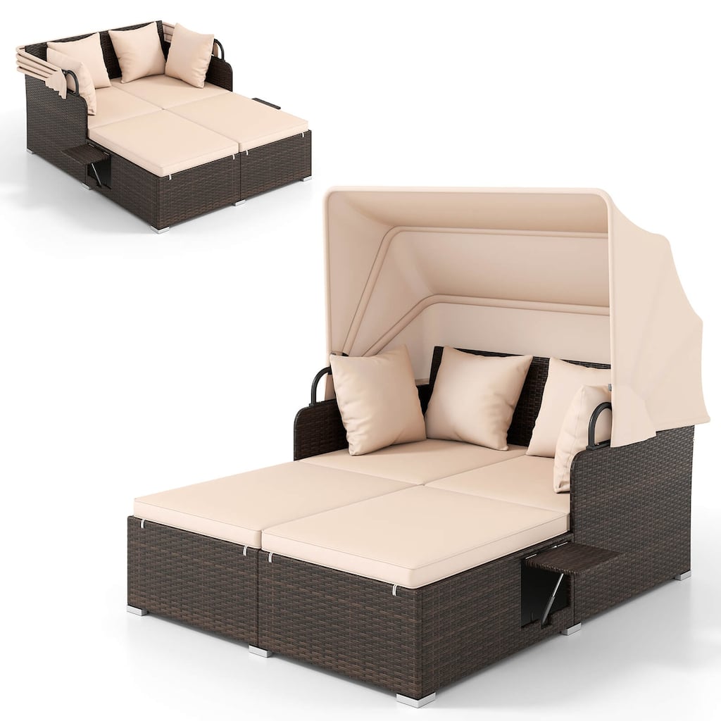 Costway Patio Rattan Daybed Lounge Retractable Top Canopy Side Tables - See Details